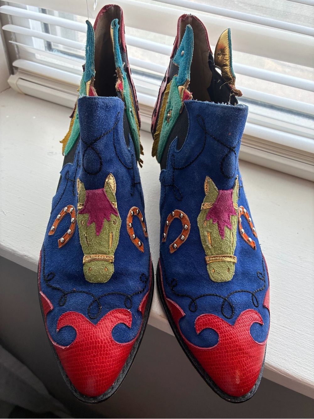 Womens Blue Multicolor Suede Western Booties